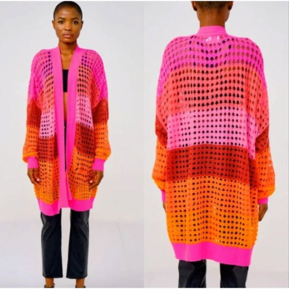 BRODIE CASHMERE Sunset Pointelle Knit Stripe CARDIGAN M L Neon Pink NEW $398 - Picture 11 of 11